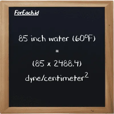 Cara konversi inci air (60<sup>o</sup>F) ke dyne/centimeter<sup>2</sup> (inH20 ke dyn/cm<sup>2</sup>): 85 inci air (60<sup>o</sup>F) (inH20) setara dengan 85 dikalikan dengan 2488.4 dyne/centimeter<sup>2</sup> (dyn/cm<sup>2</sup>)